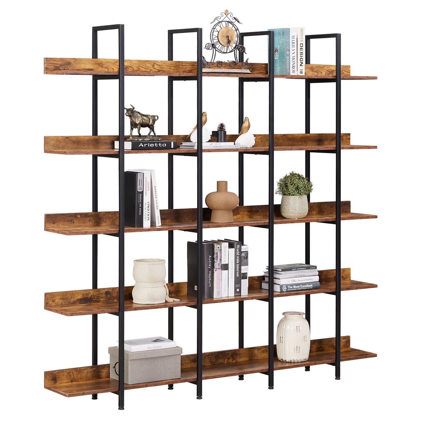 5 Tier Bookcase Home Office Open Bookshelf, Vintage Industrial Style Shelf with Metal Frame, MDF Board