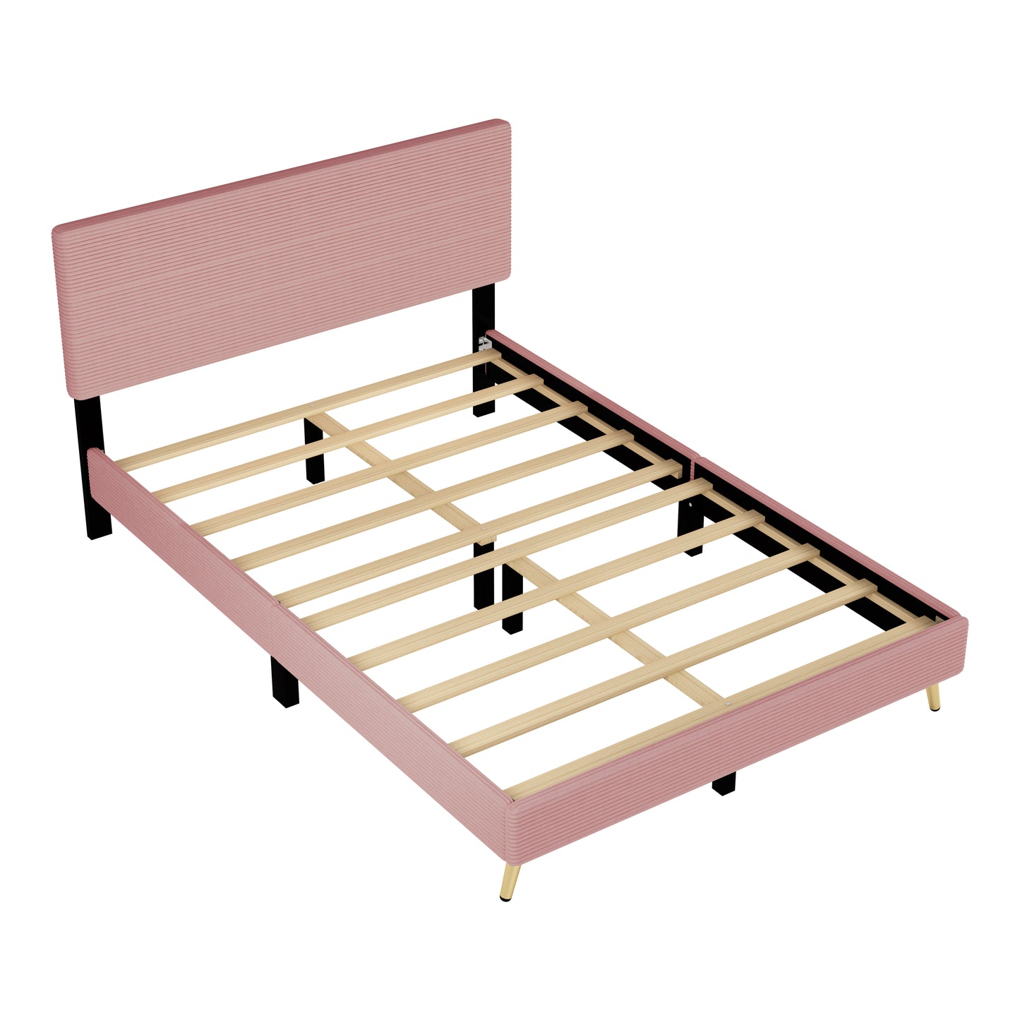 Queen Size Corduroy Upholstered Bed Frame, Platform Bed with Horizontal Stripe Headboard, No Box Spring Needed, Pink