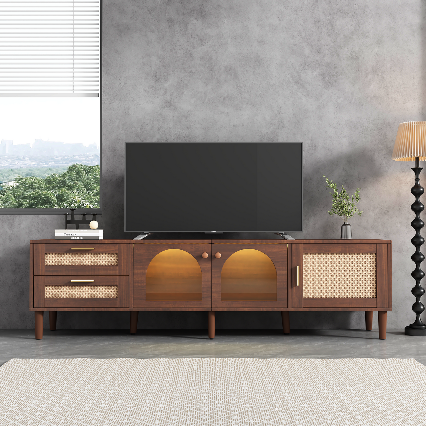 Rattan TV Stand with 3 Cabinets & 2 Drawers, Rattan-inspired Media Console Table for TVs up to 80'', LED Light Entertainment Center, TV cabinet for Living room, Bedroom, Home Theatre