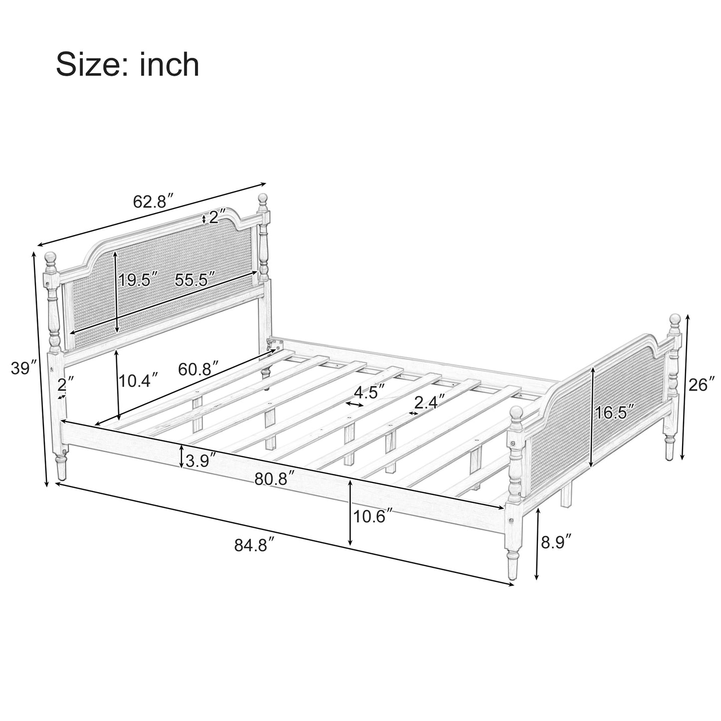 Traditional Style Rattan Queen Size Bed Frame,No Box Spring Needed,Antique White