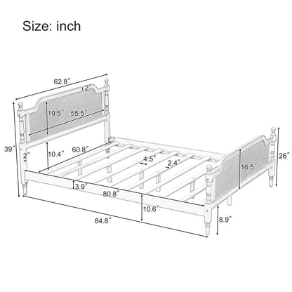 Traditional Style Rattan Queen Size Bed Frame,No Box Spring Needed,Antique White