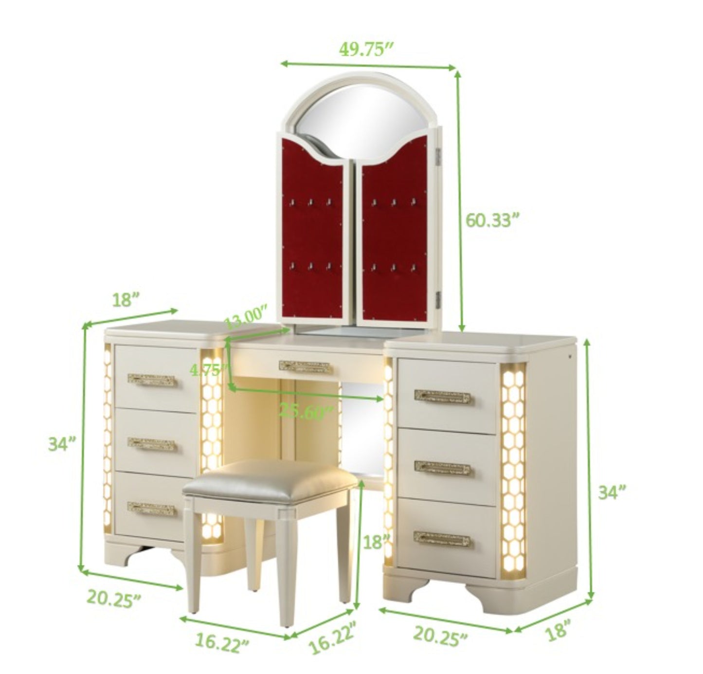 King 4 Pc Unique LED Vanity Bedroom Set made with Wood in Beige