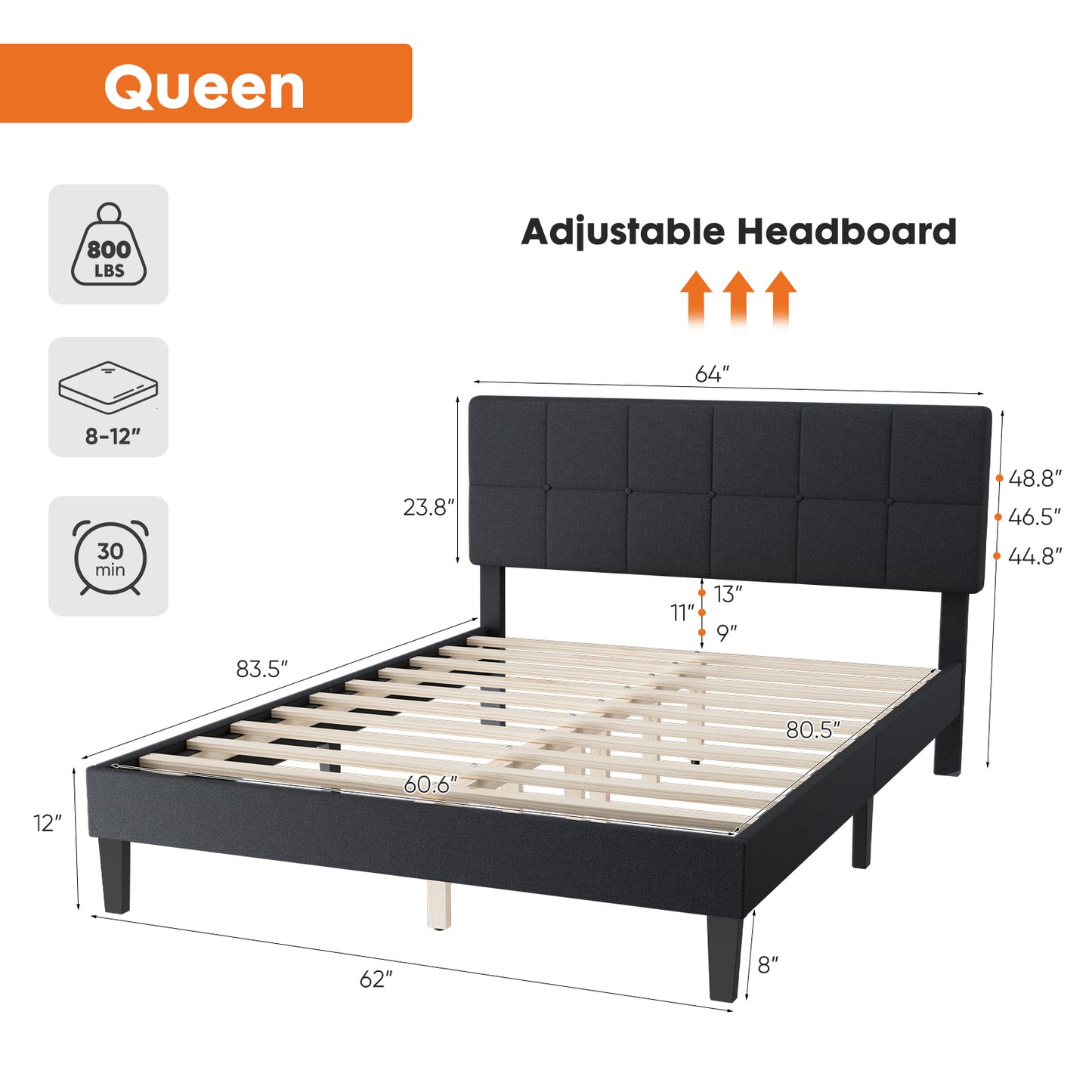 Queen Size Bed Frame - Linen Upholstered Platform Bed with Headboard, No Box Spring Needed with 800LBS Solid Wooden Slats Support, No-Noise, Easy Assembly, Dark grey