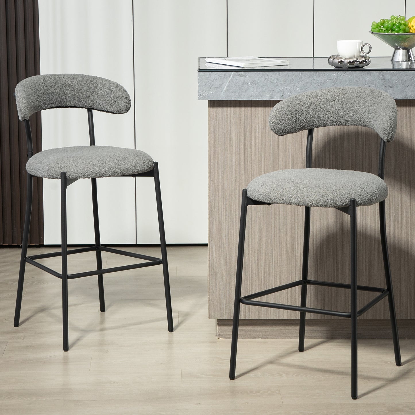 26'' Counter height bar stools Teddy fabric cover kitchen island counter bar stool with black powder coating base and footrest(Grey)