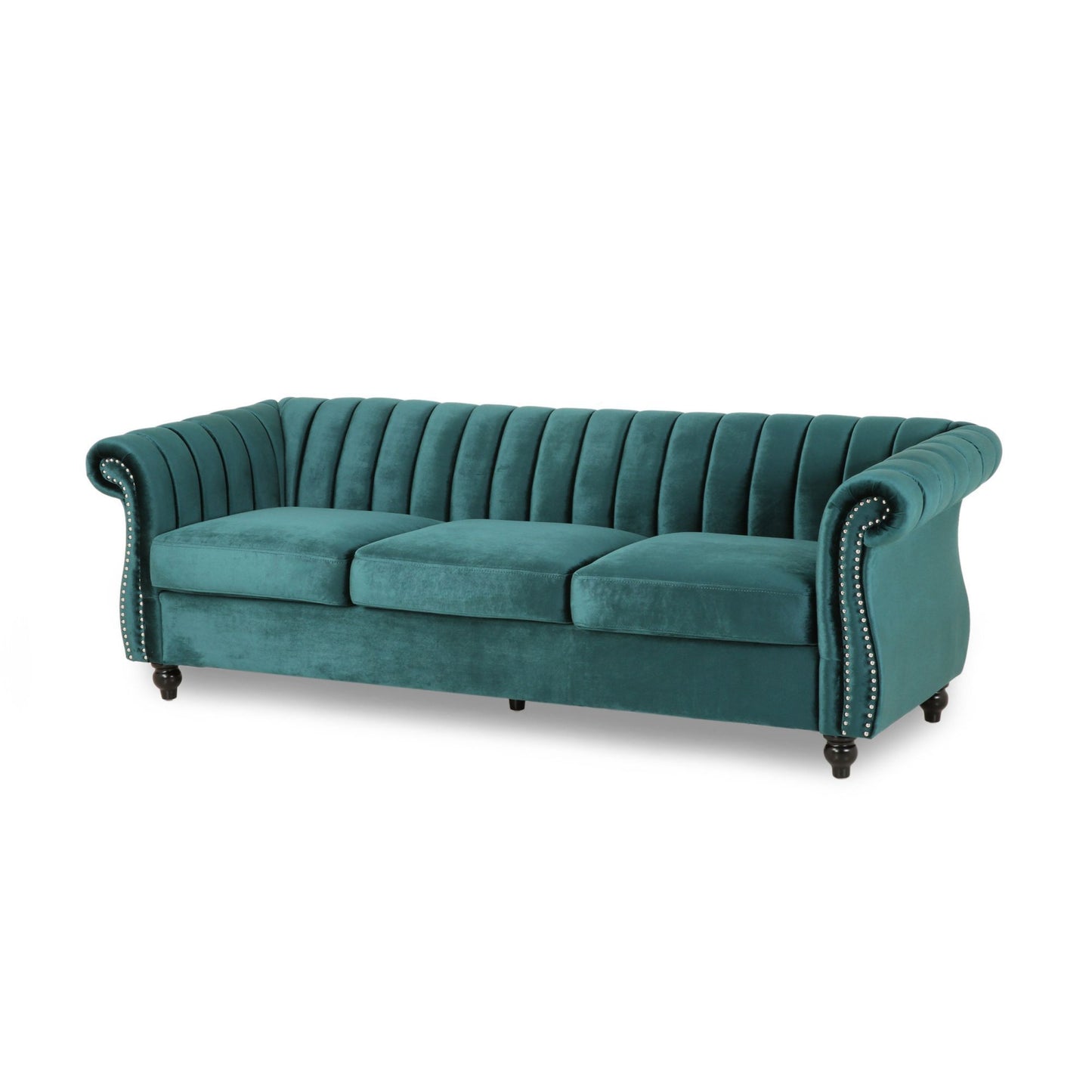 84-Inch Teal 3-Seater Velvet Sofa – Button Tufted with Nailhead Trim, Curved Backrest, and Rolled Arms, Stylish and Elegant Couch for Modern Living Rooms, Durable Upholstery, Luxury Design