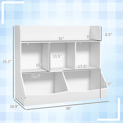 Qaba Kids Toy Shelf, 3 Tier Kids Bookcase with 5 Compartment, Anti-Tip Device, Toy Organizer for Nursery, Living Room, Playroom, Classroom, White