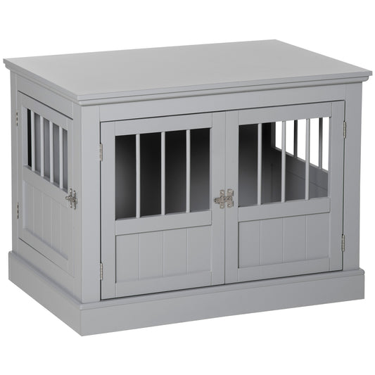 PawHut Dog Crate End Table with Triple Doors, Wooden Dog Crate Furniture Indoor Use, Puppy Crate with and Steel Tubes, for Small Dogs, Pewter Gray