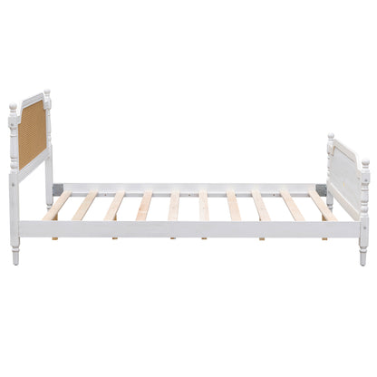 Traditional Style Rattan King Size Bed Frame,No Box Spring Needed,Antique White