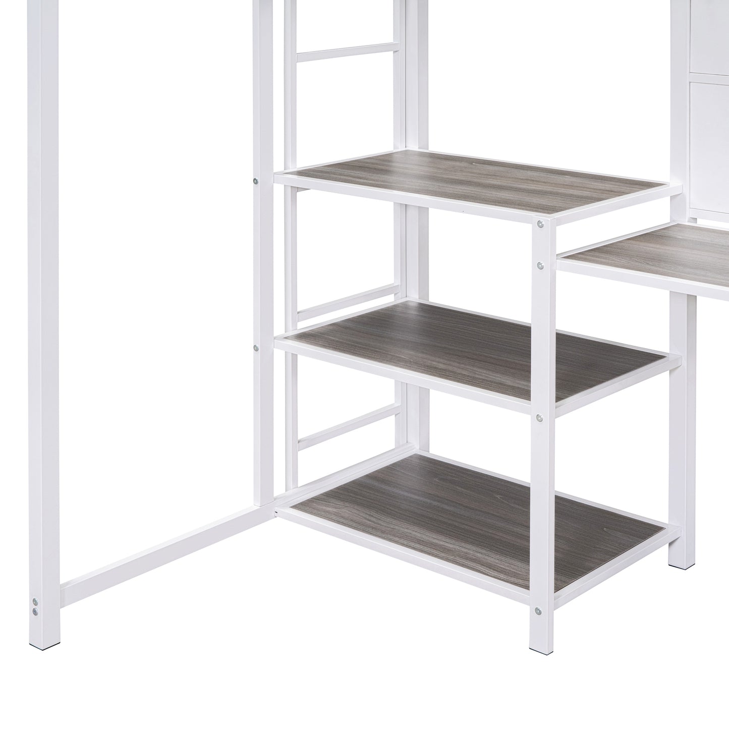 Twin Size Loft Bed with Desk and Whiteboard, Metal Loft Bed with 3 Shelves and Ladder, White