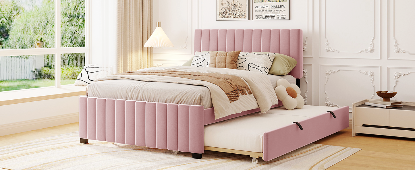 Full Size Velvet Upholstered Platform Bed with Twin Size Trundle, Pink
