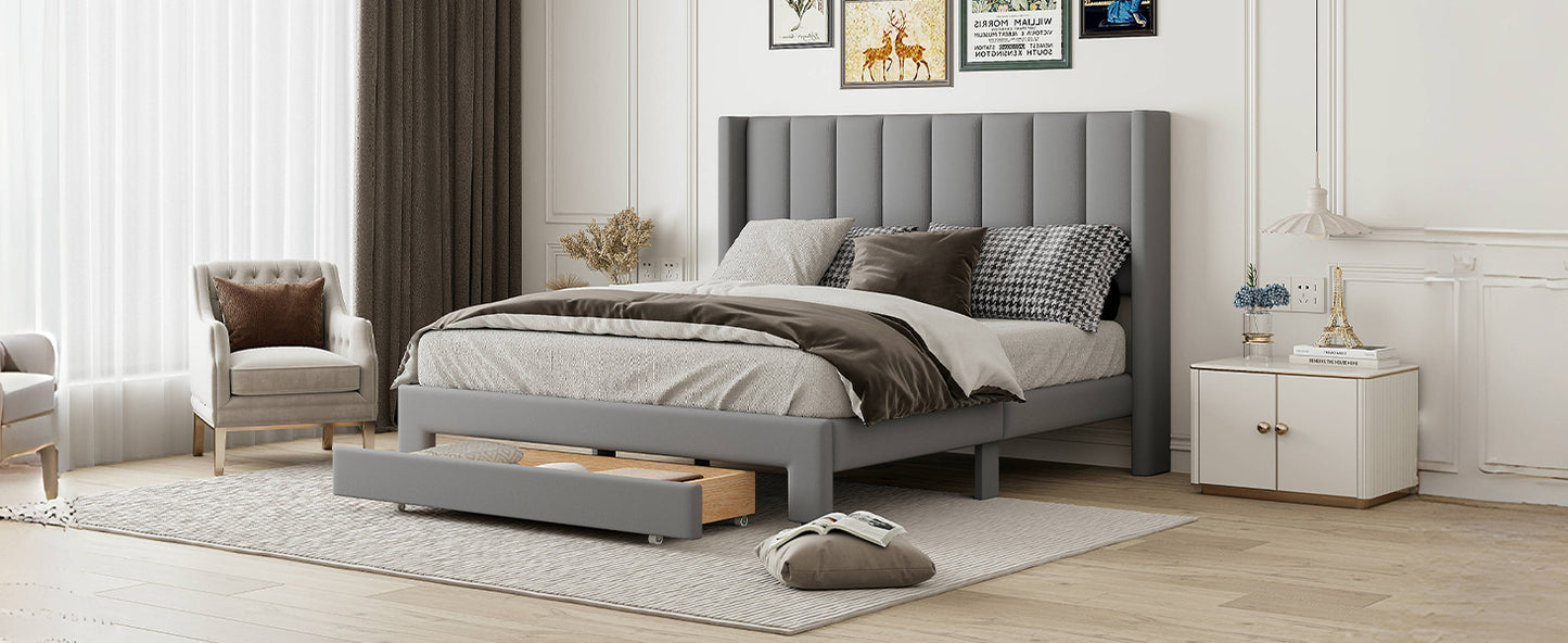 Queen Size Storage Bed Velvet Upholstered Platform Bed with a Big Drawer - Gray(old sku:WF296854AAE)