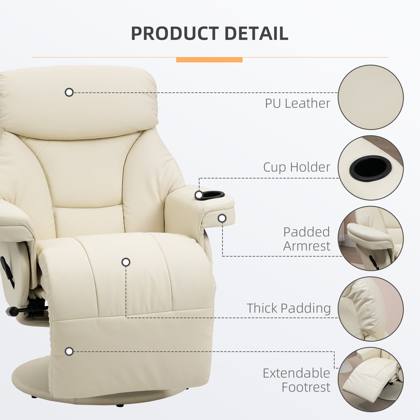 HOMCOM Manual Recliner, Swivel Lounge Armchair with Side Pocket, Footrest and Cup Holder for Living Room, Cream White