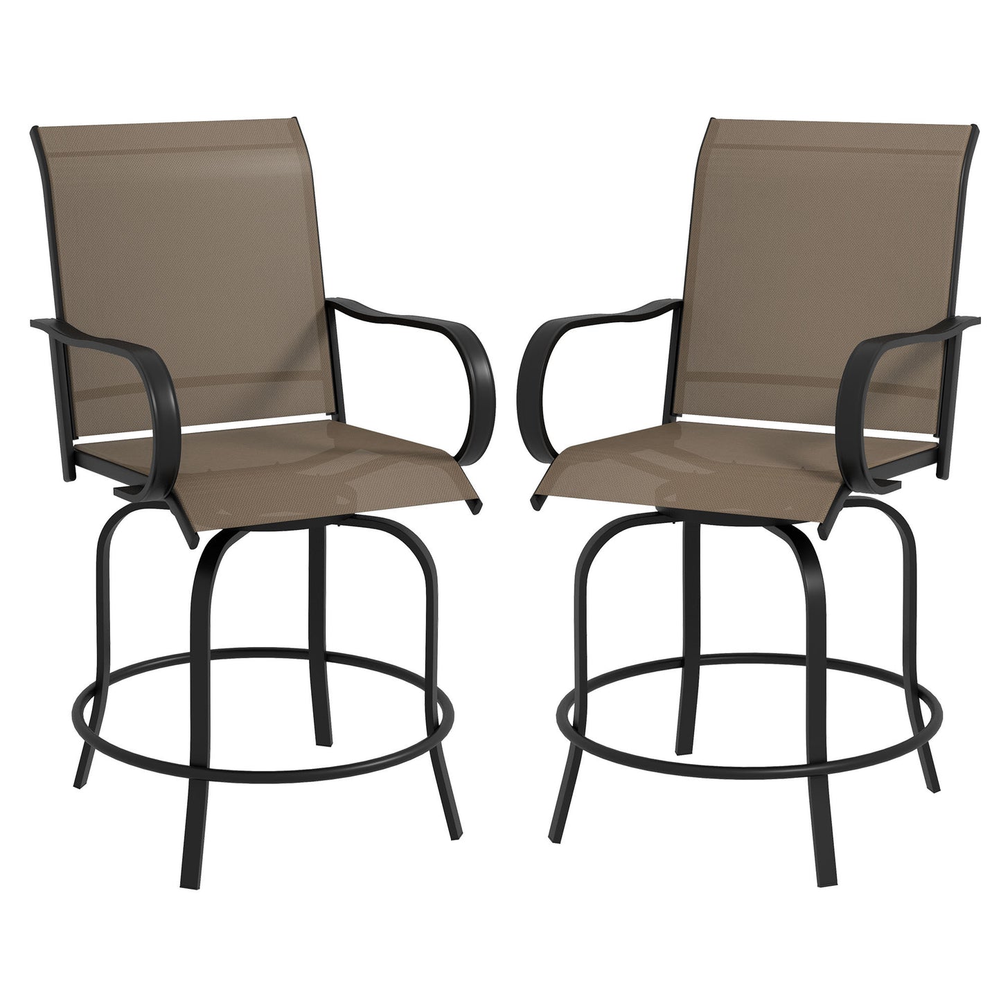 Outsunny Outdoor Bar Stools with Armrests, Set of 2 360° Swivel Bar Height Patio Chairs with High-Density Mesh Fabric, Steel Frame Dining Chairs for Balcony, Poolside, Backyard, Brown