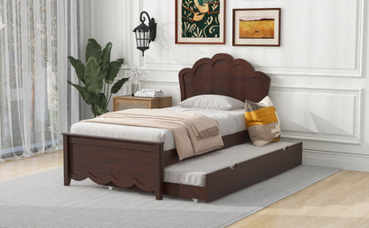 Twin Size Wood Platform Bed with Headboard and Twin Size Trundle, Cappuccino