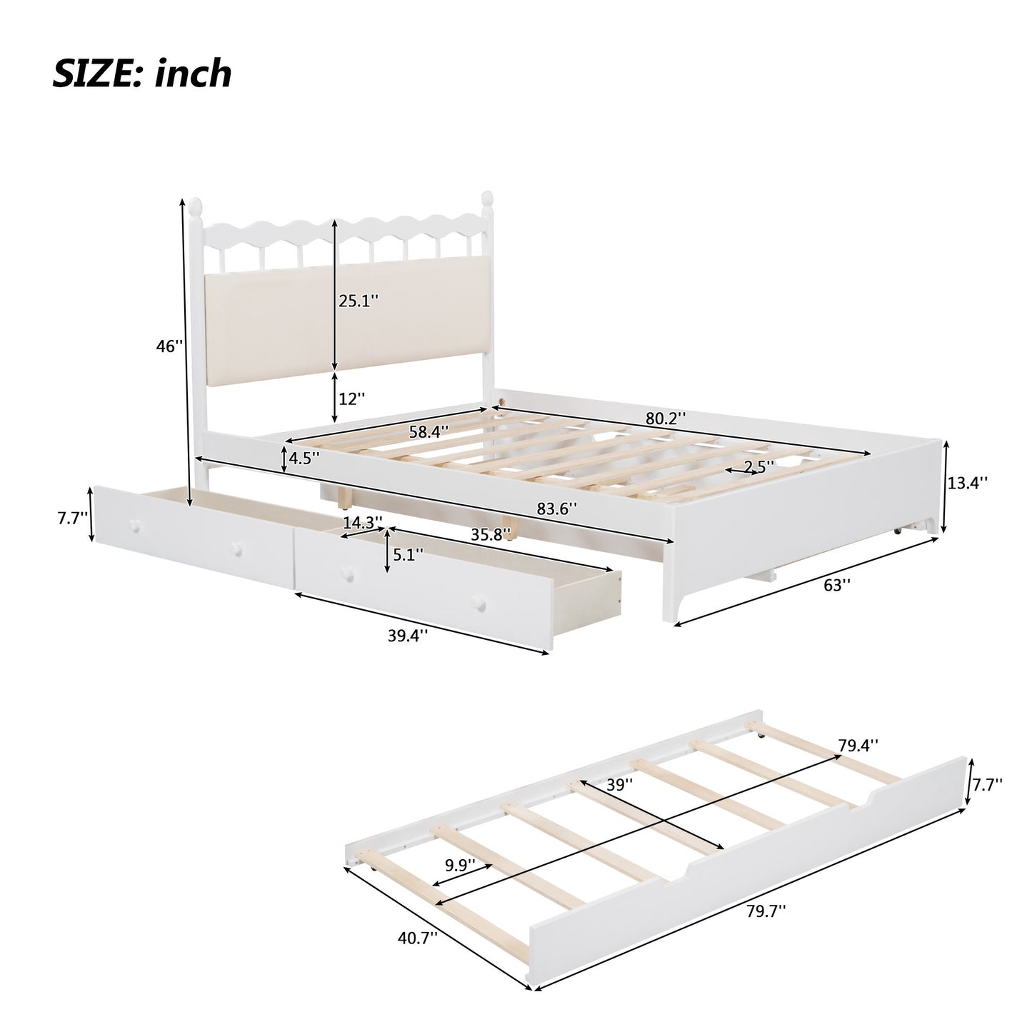 Queen Size Wooden Storage Platform Bed, with 2 Big Drawers, T Size Trundle, White