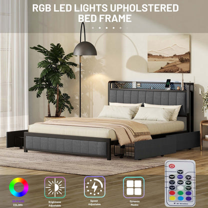 Queen Bed Frame with LED Headboard, Upholstered Bed with 4 Storage Drawers and USB Ports, Dark Grey