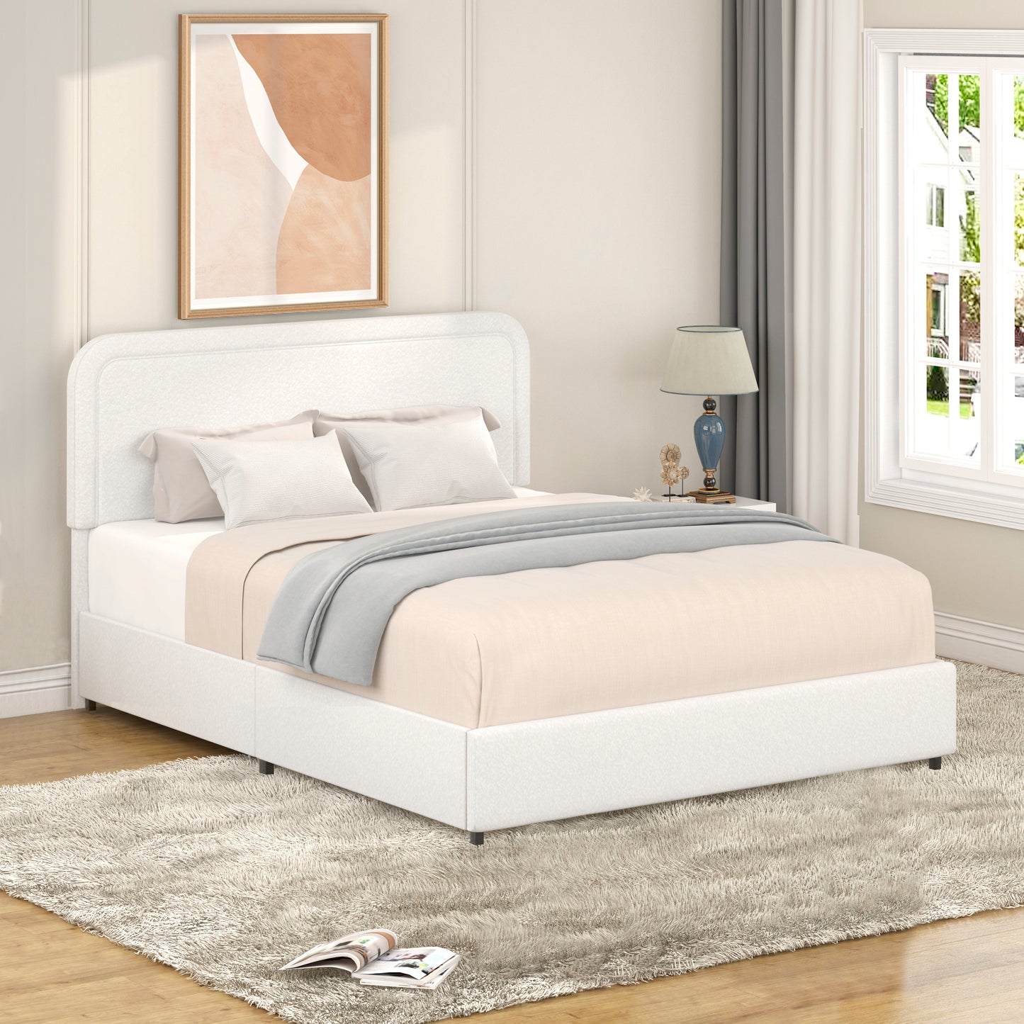 Liv Patented 2-Drawers Storage Bed Queen Size Ivory Boucle Upholstered Platform Bed, Curved Stitched Tufted Headboard, Wooden Slat Mattress Support, No Box Spring Needed