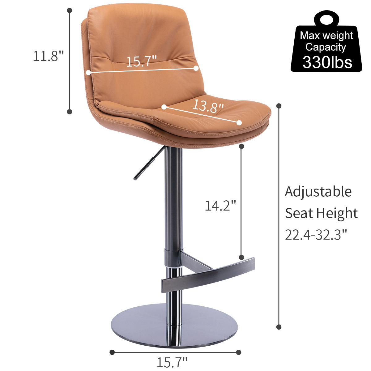 Swivel Bar Stools Black Titanium Stainless Steel Base and Footrest, Grade, Faux Leather Bar Chair with Backrest (Brown 1pc)