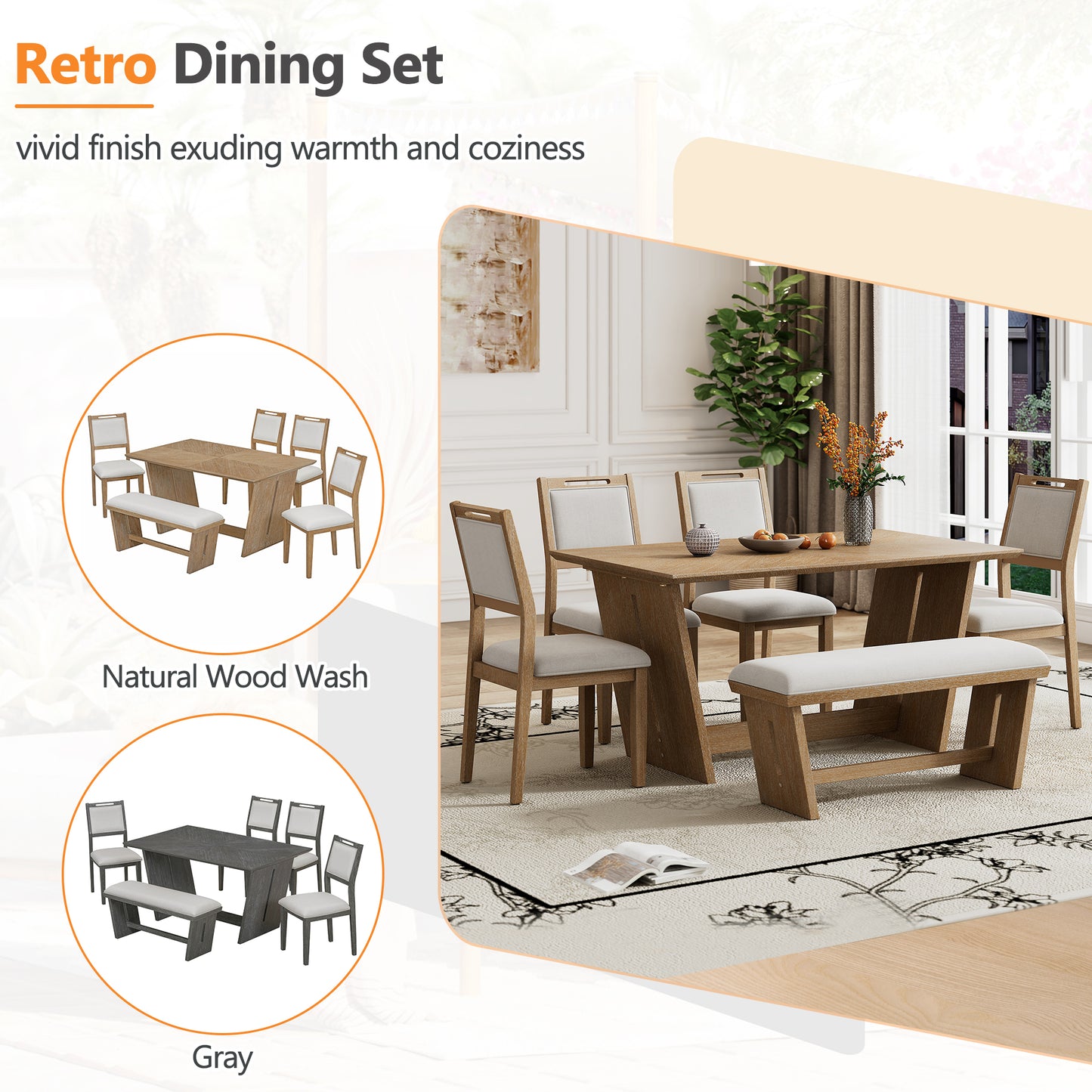 TREXM 6-Piece Retro Dining Set, 1 Rectangular Table with Stable Trapezoidal Table Base and 4 Upholstered Chairs and 1 Bench for Dining Room and Kitchen (Natural Wood Wash)