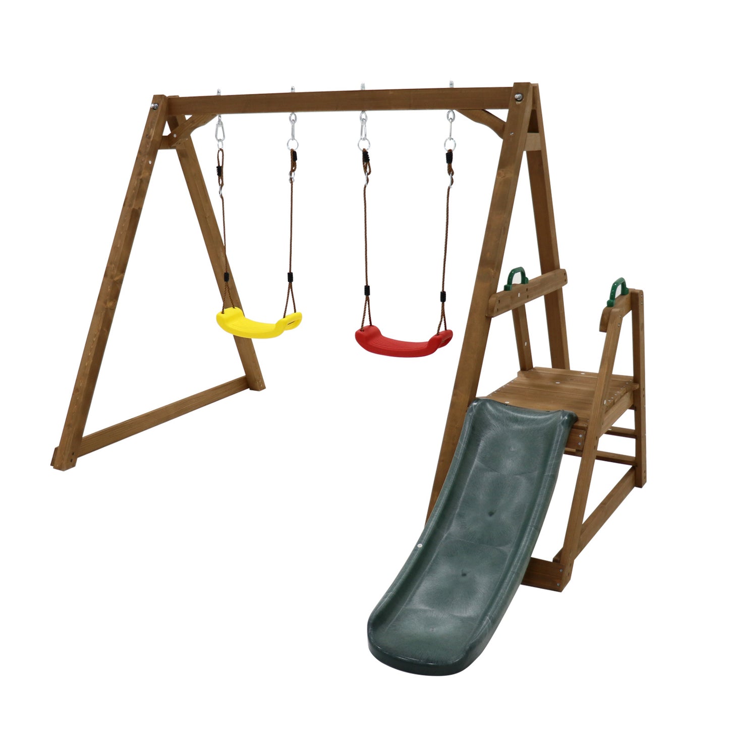 Wood Swing Set for Backyard, 2 in 1 Outdoor Swing Set with Slide, Climbing Rope Ladder Kids Backyard Playset