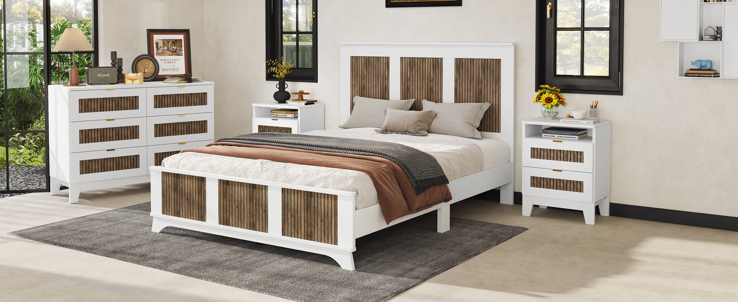 4-Pieces Bedroom Sets, Queen Size Farmhouse Platform Bed with Wooden Strip Decoration, Storage Nightstand and Dresser with Metal Handle, White