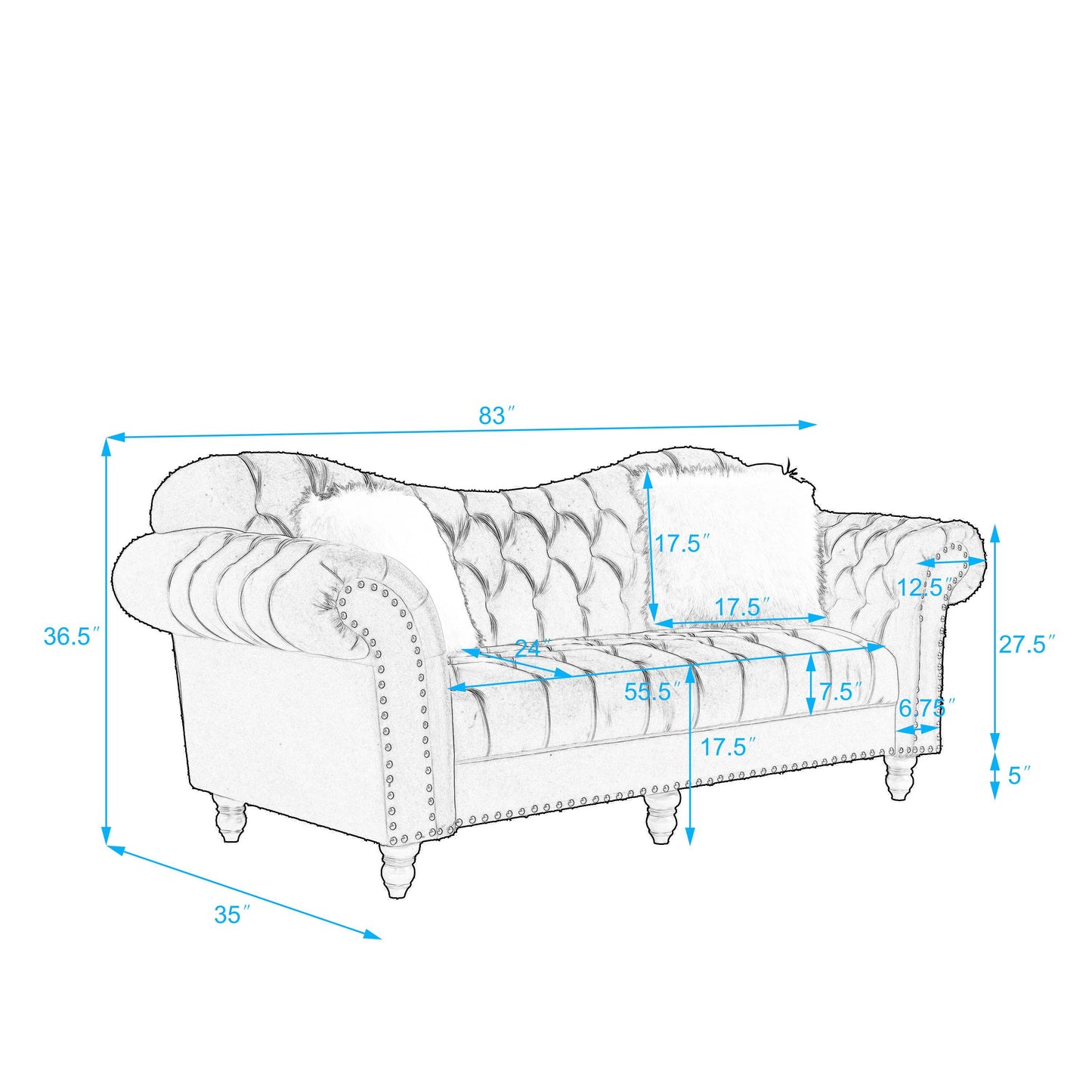 3 Piece Living Room Sofa Set, including 3-Seater Sofa, Loveseat and Sofa Chair, with Button and Copper Nail on Arms and Back, Five White Villose Pillow, Grey.