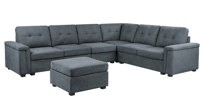 Isla 119" Gray Woven Fabric 7-Seater Sectional Sofa with Ottoman