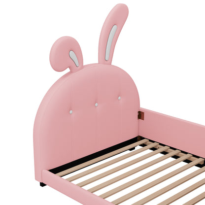 Twin size Upholstered Rabbit-Shape Princess Bed ,Twin Size Platform Bed with Headboard and Footboard,Pink