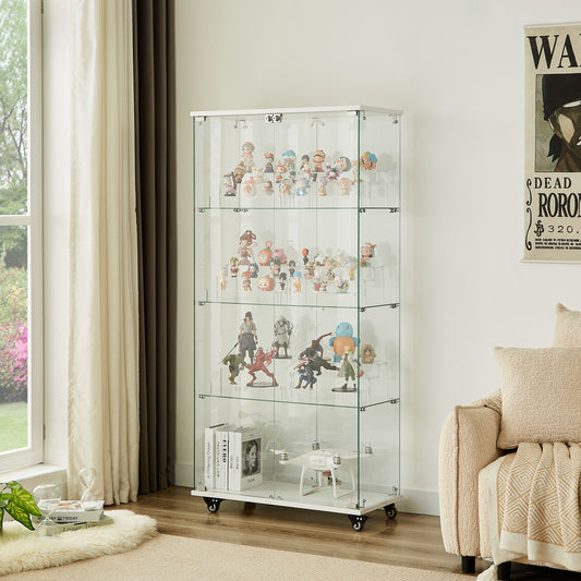 4 Tier Glass Display Cabinet, Double Door Glass Cabinet with Two Locks, Floor Standing Storage Cabinet with 6 Acrylic Shelves for Living Room, Bedroom and Office, White, 31.5"L x 14.2"W x 65.1"H