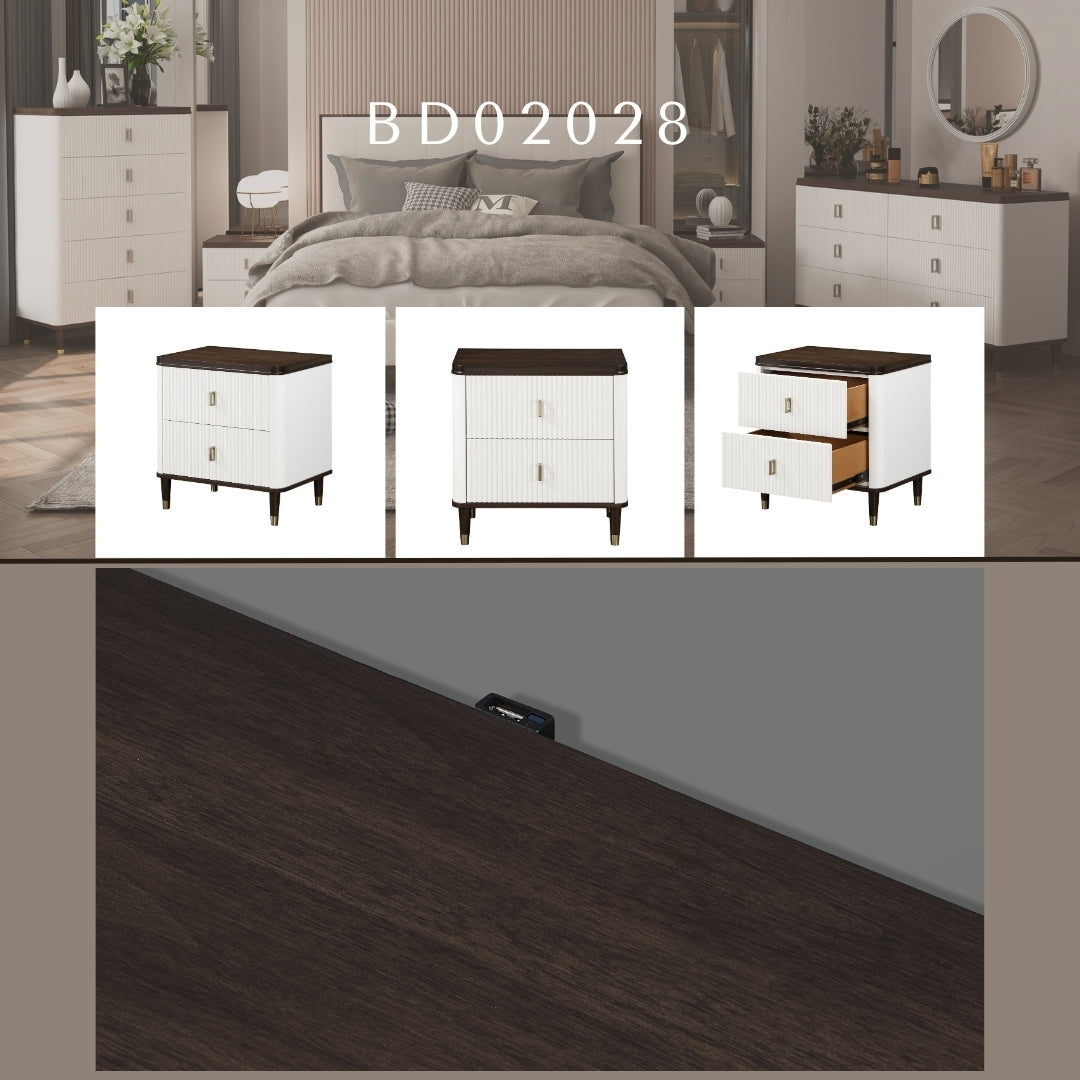 White and Brown 2-Drawer Nightstand with USB Port