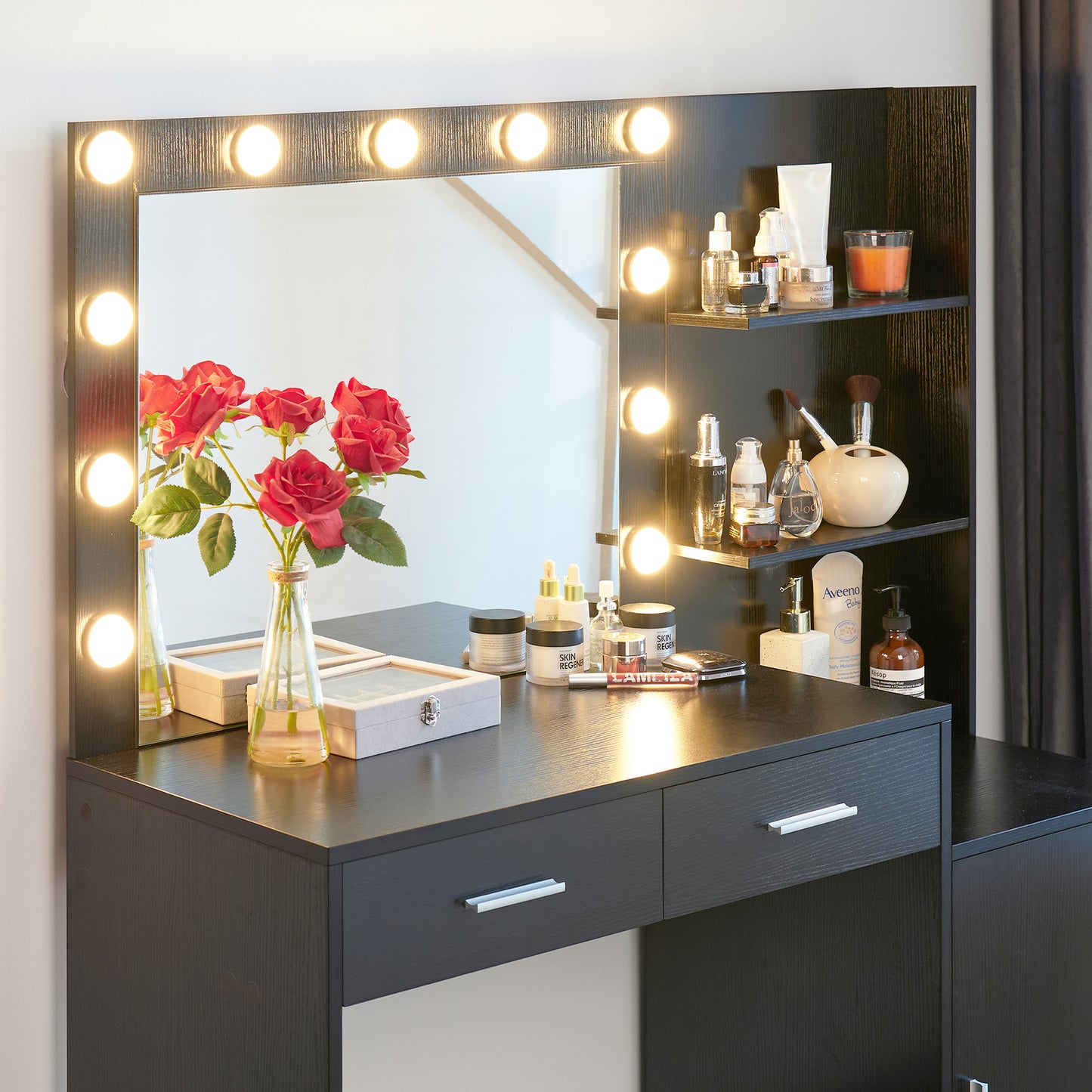 Vanity Desk with Mirror and Lights, 46.4IN Dressing Table with 2 Large Drawer&Large Vertical Organizer, 3 Level Dresser & 3 Lighting Modes Adjustable Brightness, Suitable for Bedroom(Black)