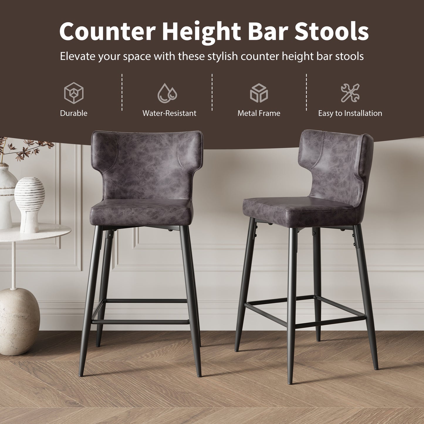 28inch Counter Height Bar Stools Set of 2, Modern Bar Upholstered Chairs with PU Leather, Metal Footrest and Frame for Kitchen Island, Bar Table, Dining Room, Gray