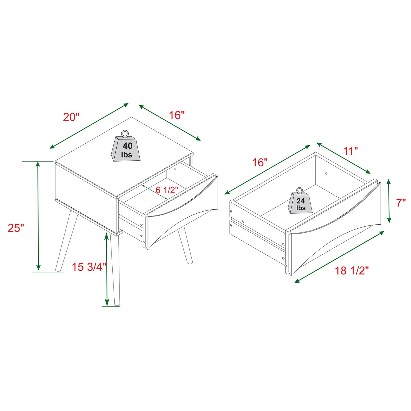 Mid-Century Modern 1-Drawer Solid Wood Nightstand – Walnut