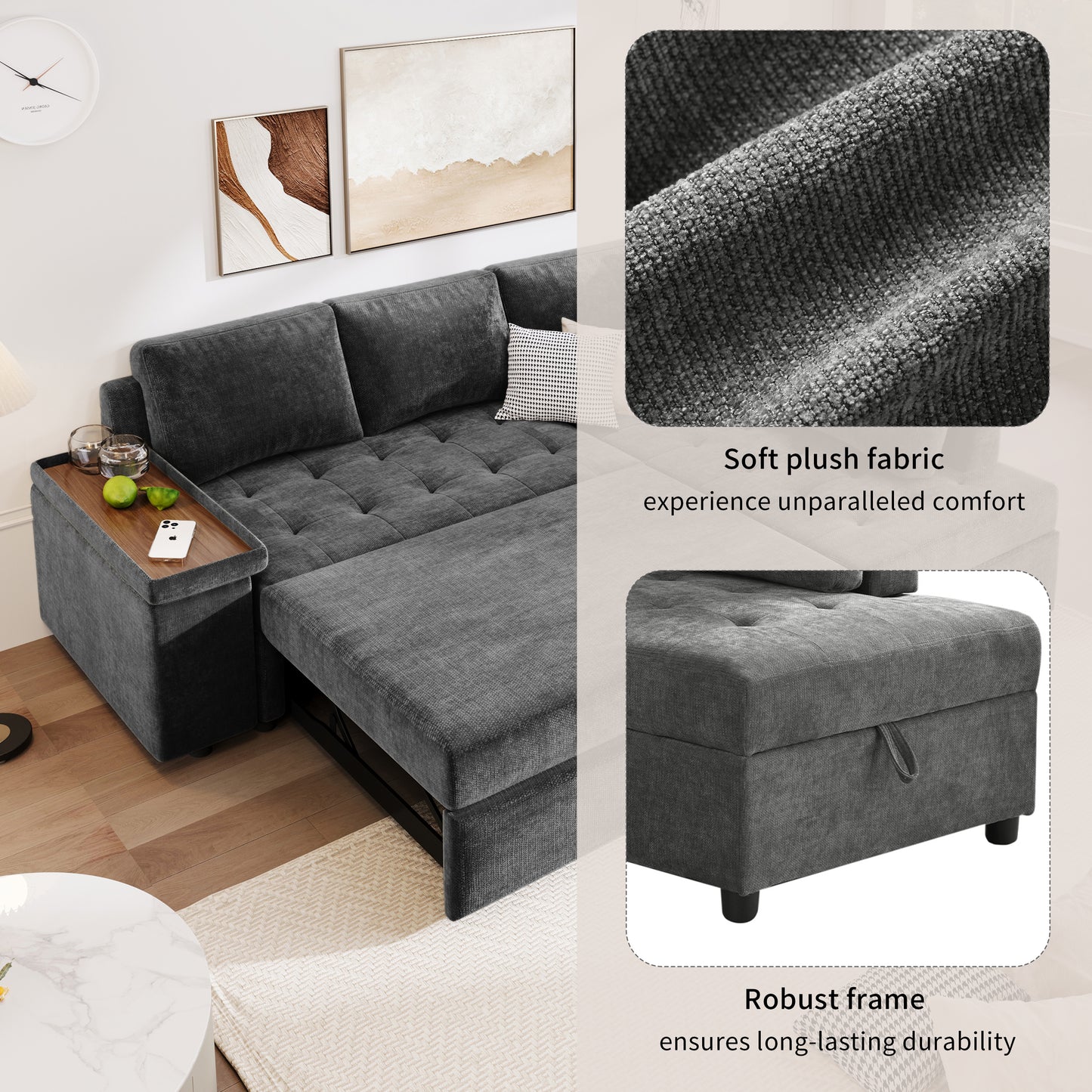 Mirod 91.5-Inch L Shaped Couch with Pull Out Bed and Storage Sectional Sleeper Sofa with Hidden Storage , Wide Armrest with storage,for Living Room, Apartment, Bedroom, Office