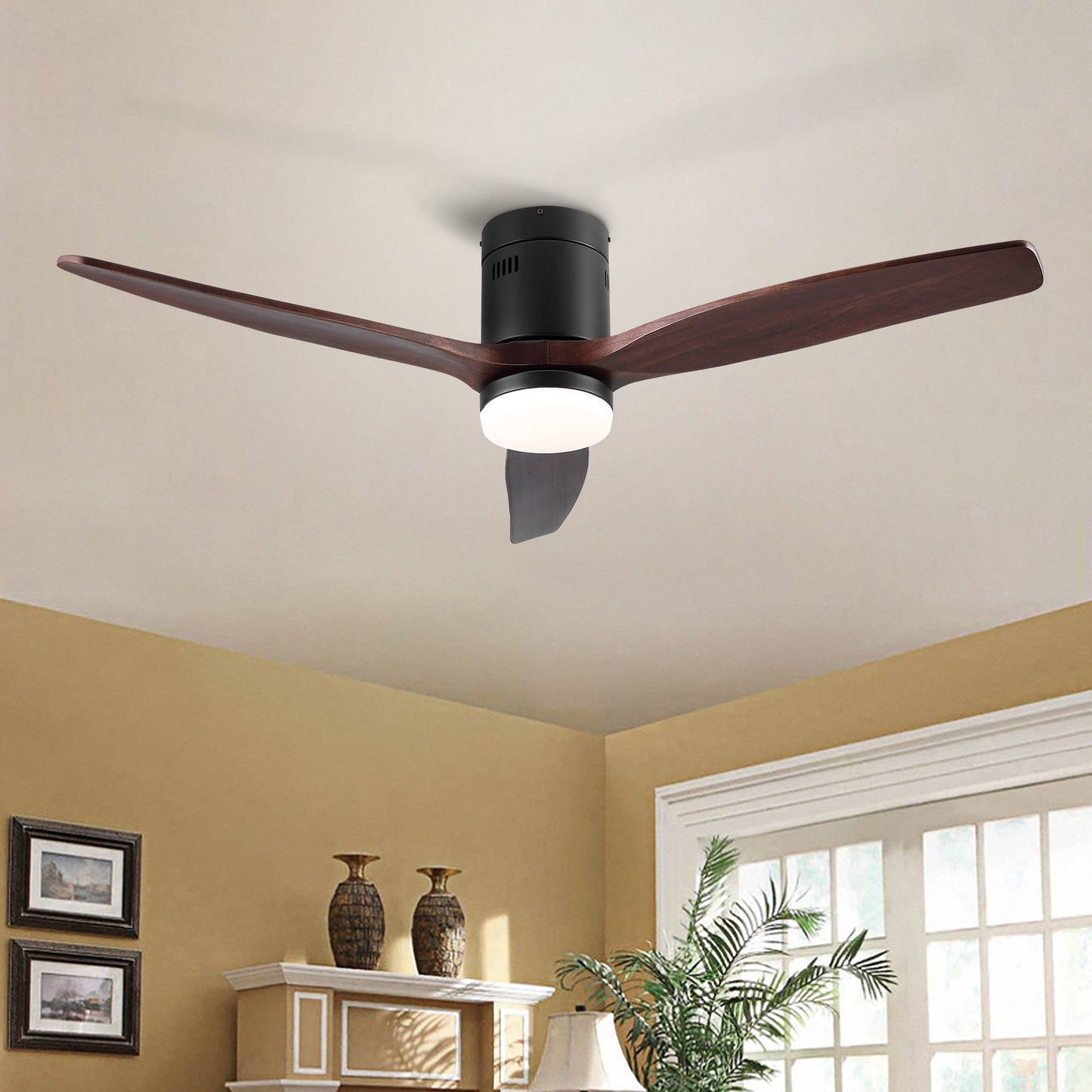 52 In.Intergrated LED Low Profile Ceiling Fan Lighting with Brown Solid Wood Blade