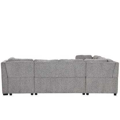 108.6" U-shaped Sectional Sofa Pull out Sofa Bed with Two USB Ports, Two Power Sockets, Three Back Pillows and a Storage Chaise for Living Room, Light Gray