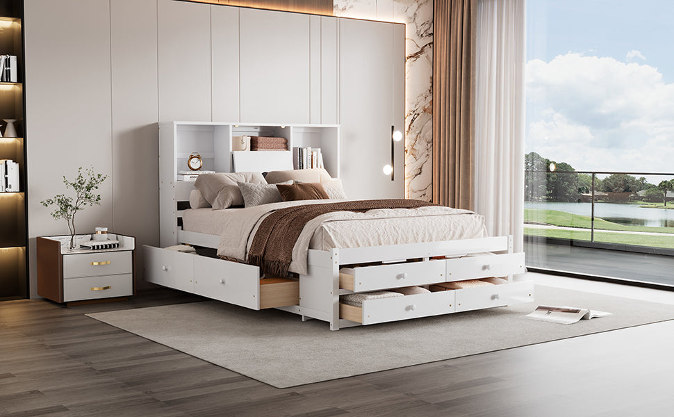 Queen Size Platform Bed with Storage Headboard and 8 Drawers, White