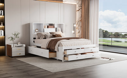 Queen Size Platform Bed with Storage Headboard and 8 Drawers, White