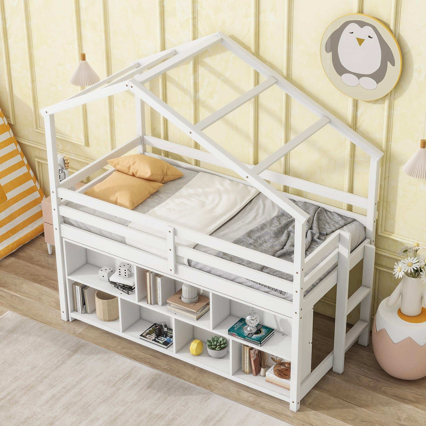 Twin House Loft Bed with Roof Frame, Under Bed Shelving Storage Unit, Guardrails, Ladder,White