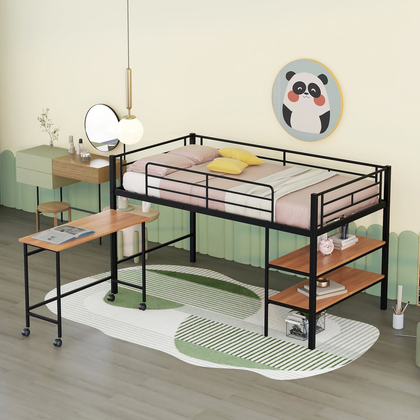 Twin Size Metal Loft Bed with Desk and Shelves,Black