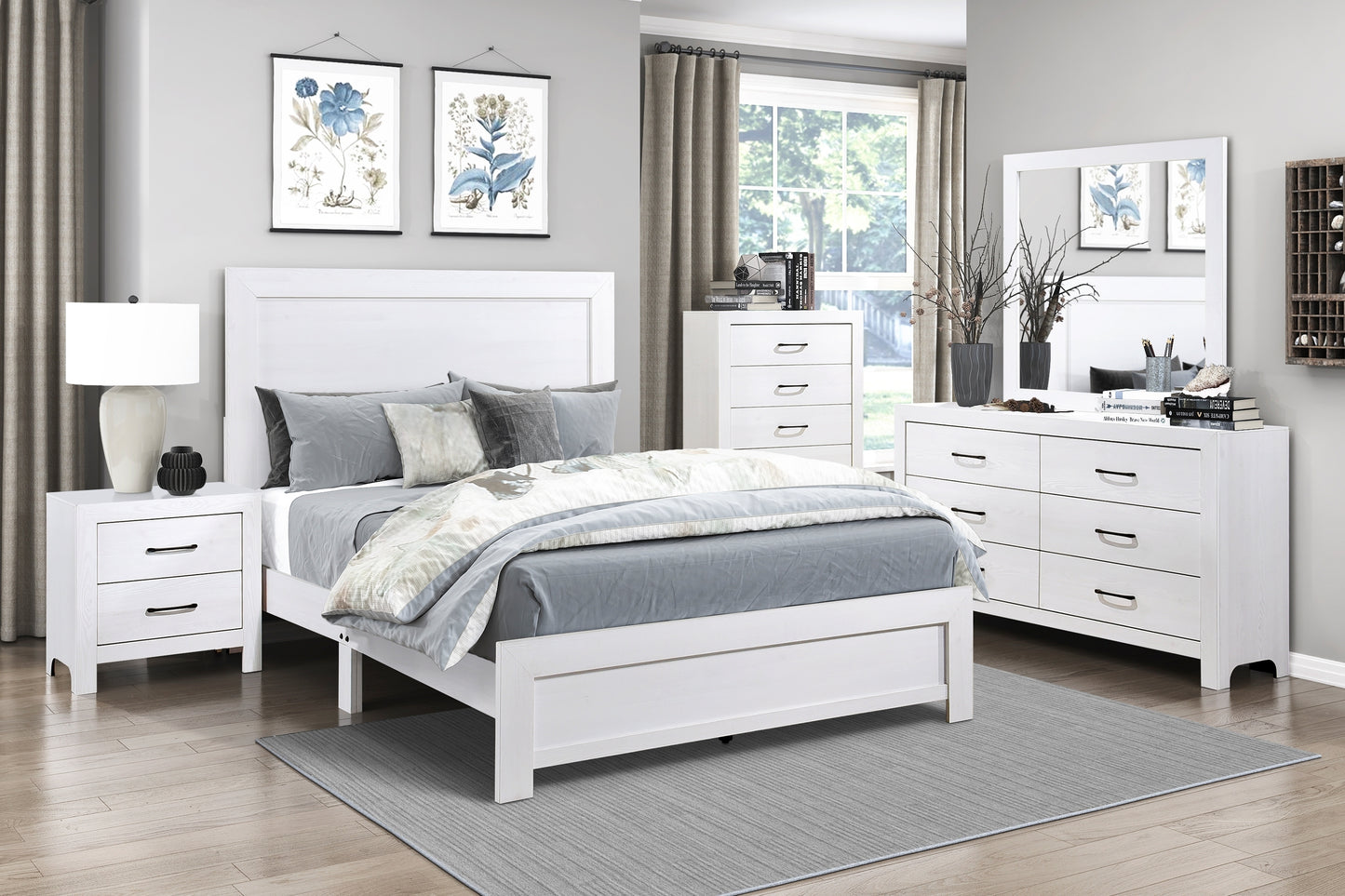 White Finish Queen Size Panel Bed Wooden Bedroom Furniture 1pc, Bed in a Box