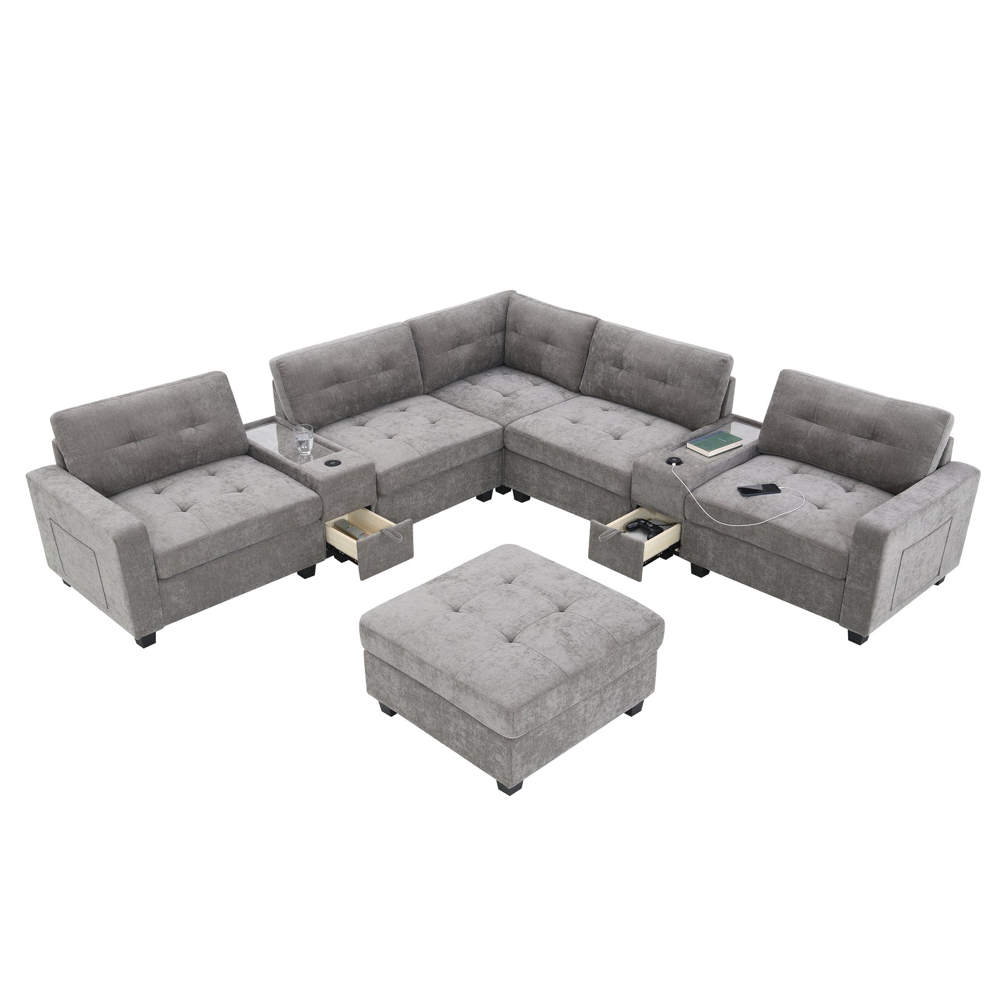 104'' Sectional Sofa with Acrylic Table Top,Chenille U Shaped Couch Set with 2 Consoles,USB Charger,Storage Drawers and Pockets,Movable Ottoman,Tufted Sofa for Living Room,Apartment,2 Colors