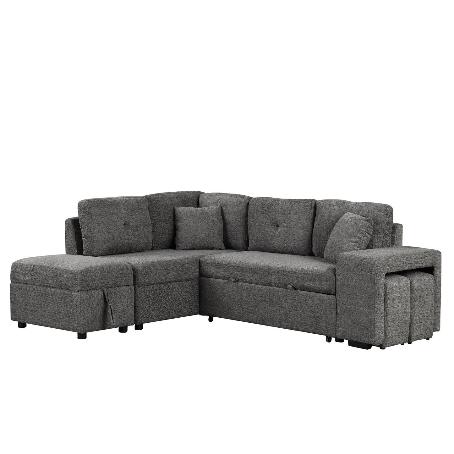 Convertible Sleeper Sectional Sofa Bed with Storage Ottoman, Wireless Charger, USB Ports, Dark Gray Chenille, 87.7'