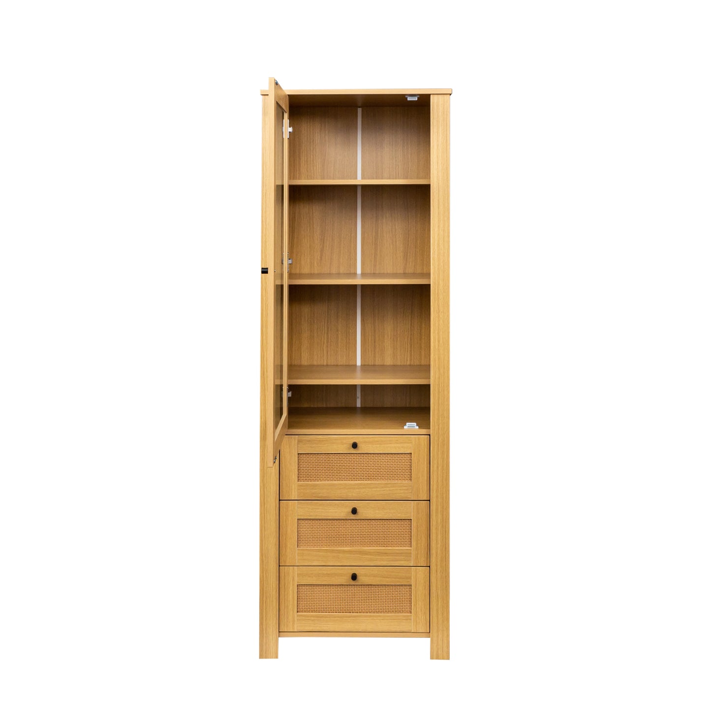 rattan door Bookshelf Display Case with drawer finish Open Storage Shelves bookcase