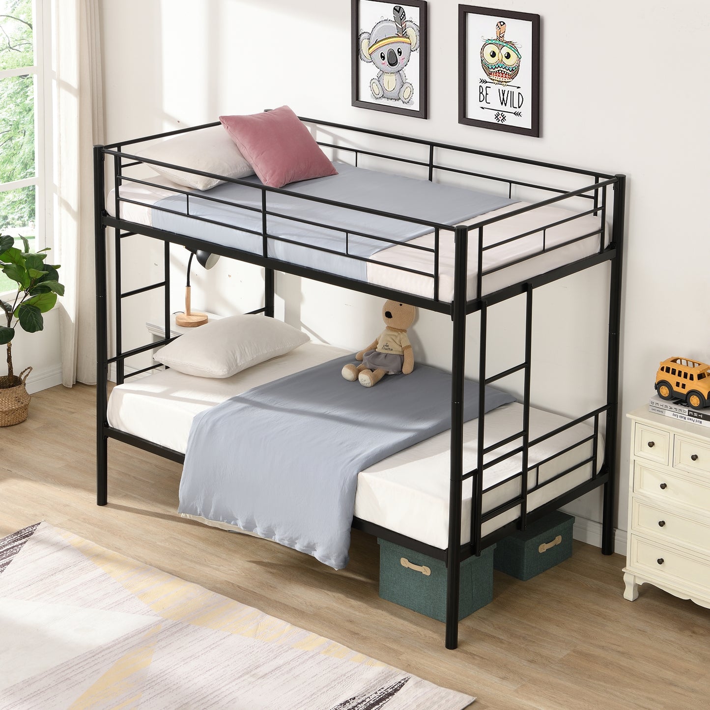 Bunk Bed Twin Over Twin Size with 2 Ladders and Full-Length Guardrail, Metal, Storage Space, No Box Spring Needed, Noise Free, Black