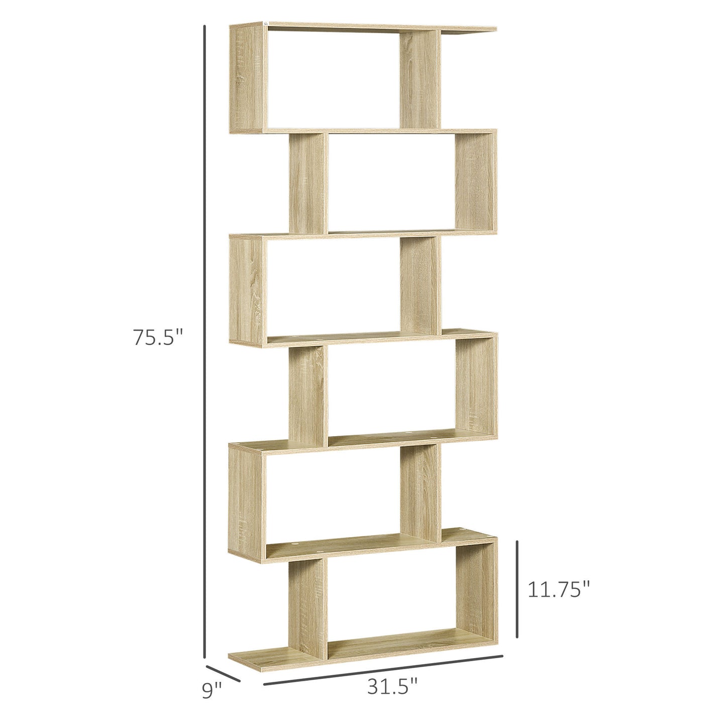 HOMCOM 75.5"H Bookcase 6 Shelf S-Shaped Bookshelf Wooden Storage Display Stand Shelf Organizer Free Standing Oak
