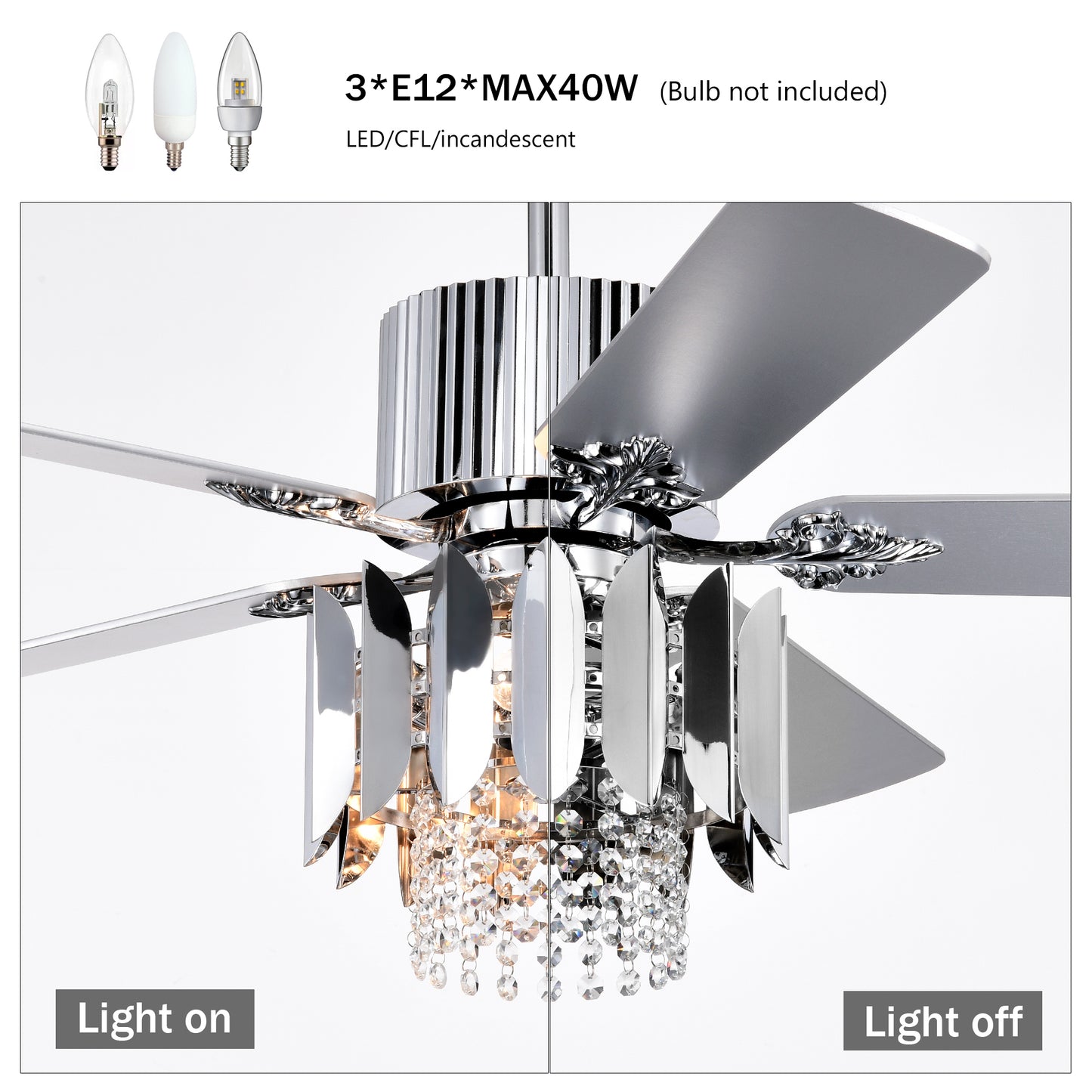 Crystal Ceiling Fan Reversible Blades 3 Wind Speeds Remote Control for Bedroom Living Dining Room --Chrome