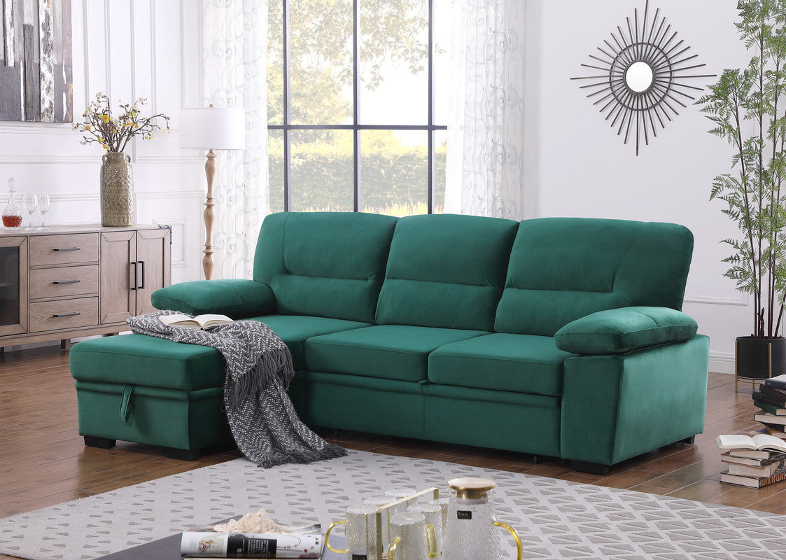 Kipling 97.5" Green Velvet Fabric Reversible Sleeper Sectional Sofa Chaise
