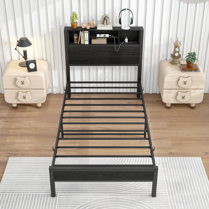 Twin Size Bed Frame with Storage Headboard, Metal Platform Bed with Charging Station,  Bookcase Storage, No Box Spring Needed, Easy Assembly, Black