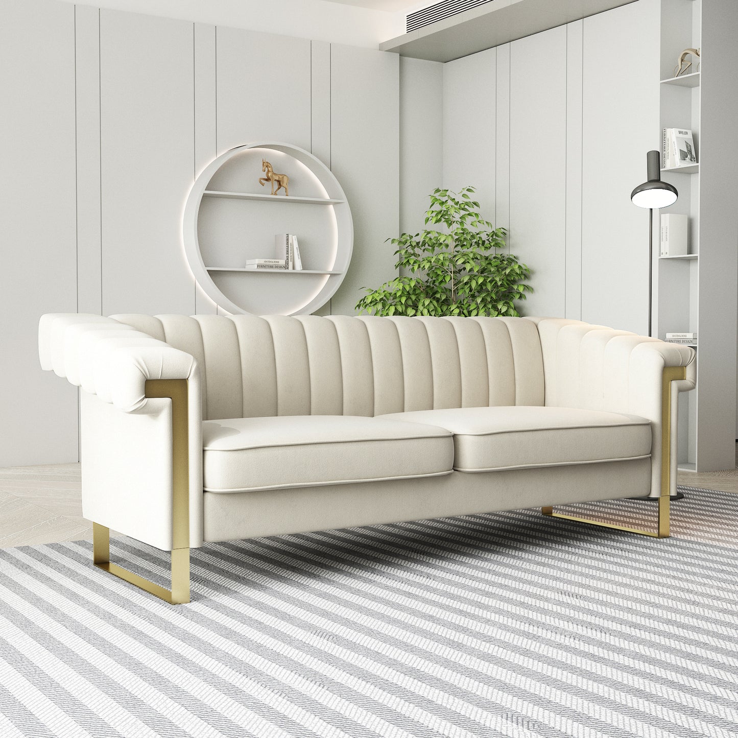 FX-P81-CW2  SOFA  Modern Cream Velvet Sofa with Gold Accents - Sleek Channel-Tufted Upholstery, 3-Seat Couch for Living Room and Office Decor(TEMU Suitable)